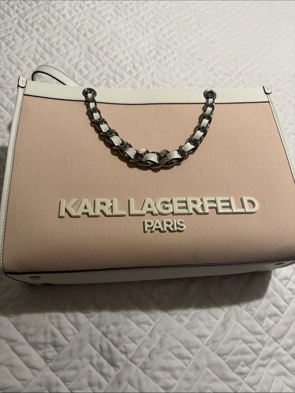 Karl Lagerfeld Pink and White Chain-Trim Tote with Dust bag.